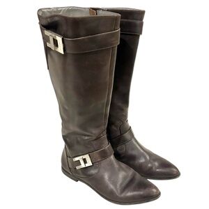 Calvin Klein CK Tracie Dark Brown Leather Zipper Knee Riding Boots Womens 8.5